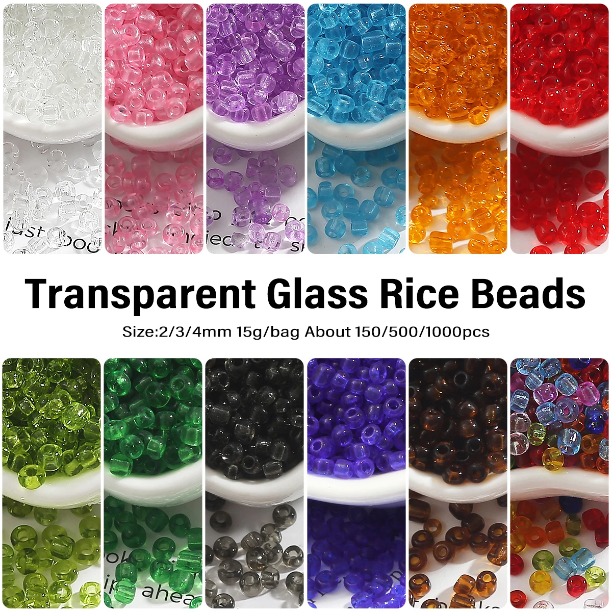 2/3/4 mm transparente Glasreisperlen für Artware-Dekoration, Halskette, Armband, DIY-Schmuckherstellung, ca. 15 g/Beutel, 150/500/1000 Stück