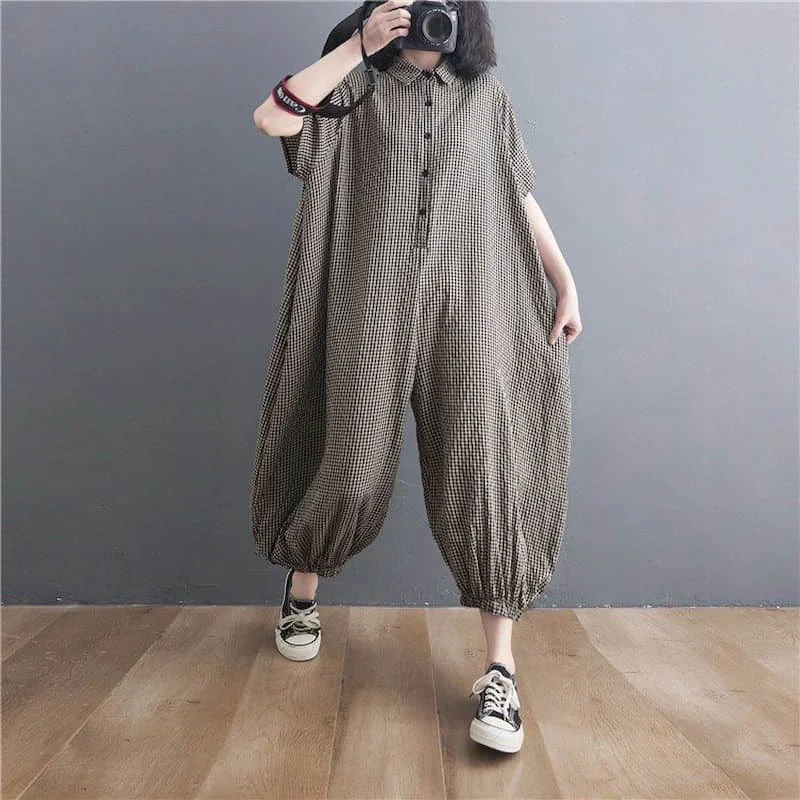 Baumwolle Leinen Overalls lässig Sommer Polo-Ausschnitt Plaid Kurzarm koreanische Mode einteilige Outfits Frauen Kleidung lose Stram pler