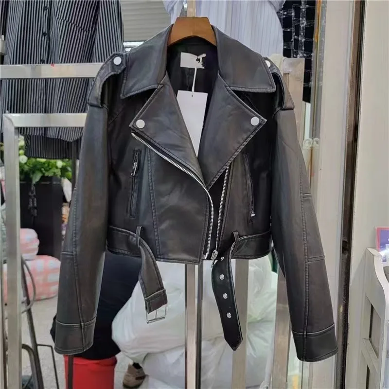 Vintage Locomotive PU Leather Short Jacket Women Lapel Long Sleeve Zipper PU Outwear s843