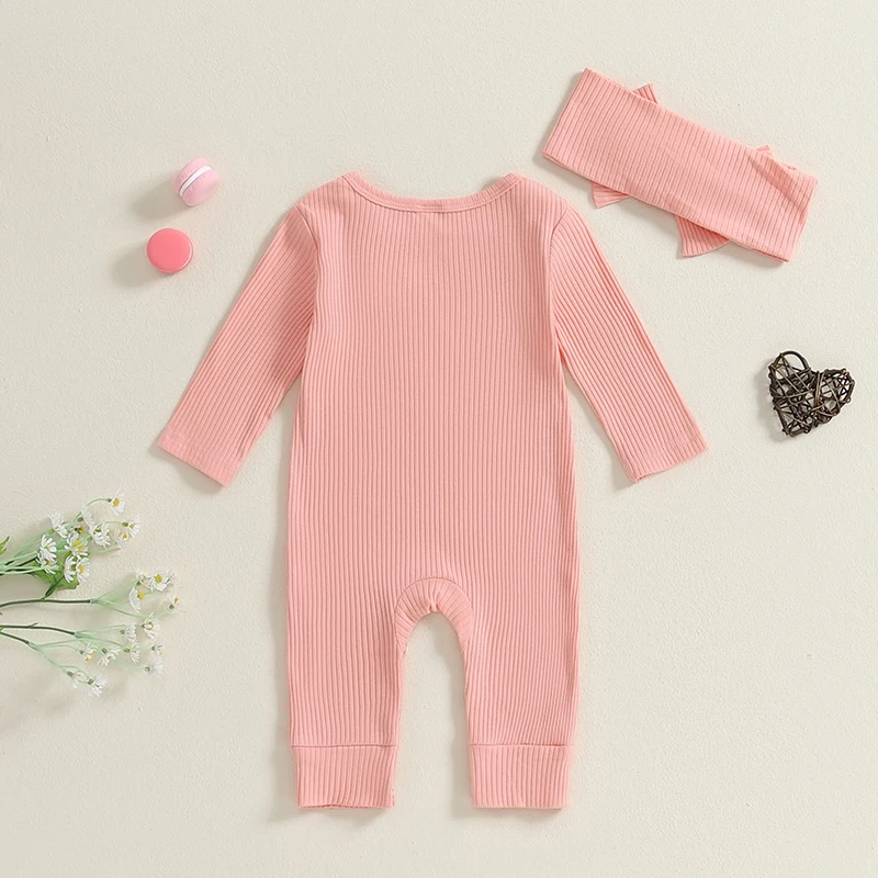 

Infant Girls Fall Romper Set with Matching Headband Long Sleeve Crew Neck Letter Print Jumpsuit for Autumn Styling