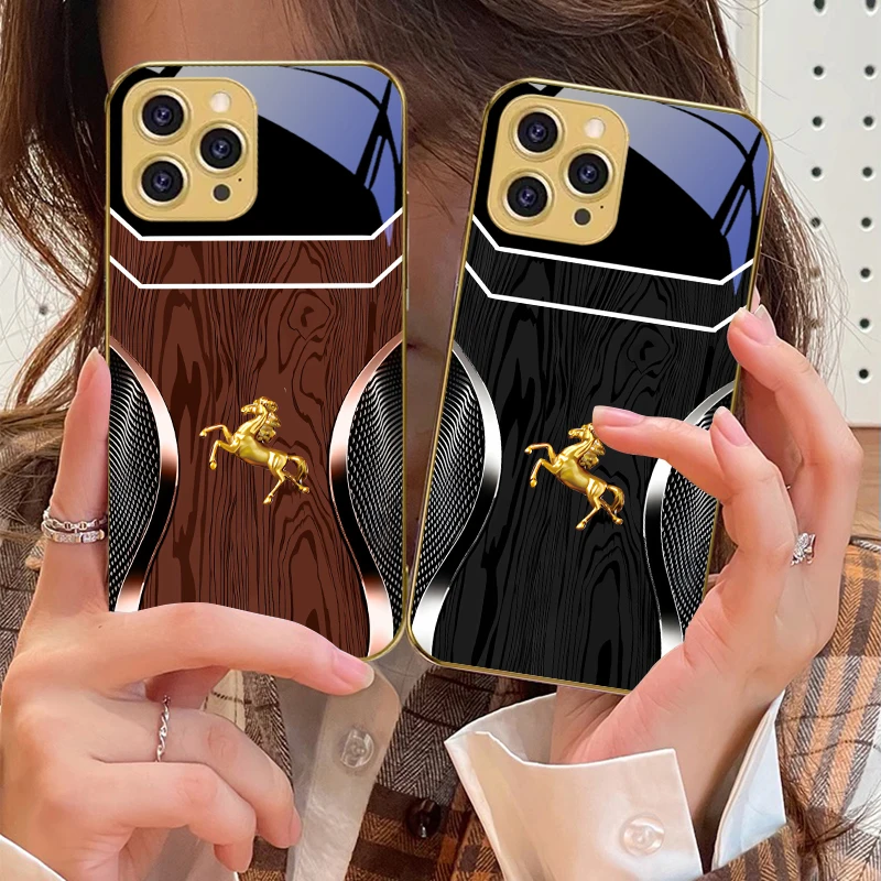 

Wood grain golden horse For IPhone 16 Pro Max 15 P ro 14 13 Plus 12 Mini 11Pro Max XS Max XR Golden tempered glass phone case