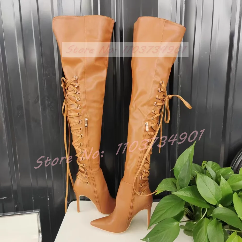 Lace Up Brown Thigh High Boots Women Sexy Pointy Toe Side Zipper High Heels Shoes Ladies Party Fashion Slim Leggy Big Size Boots