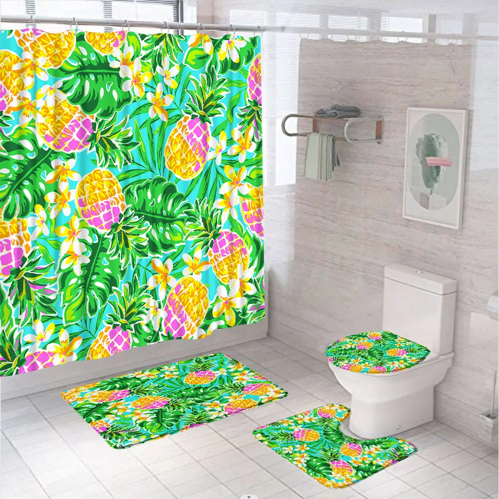 

Tropical Green Leaves Flowers Bathroom Curtains Fruit Pineapple Plant Shower Curtain Set Non-Slip Bath Mat Rug Toilet Lid Covers