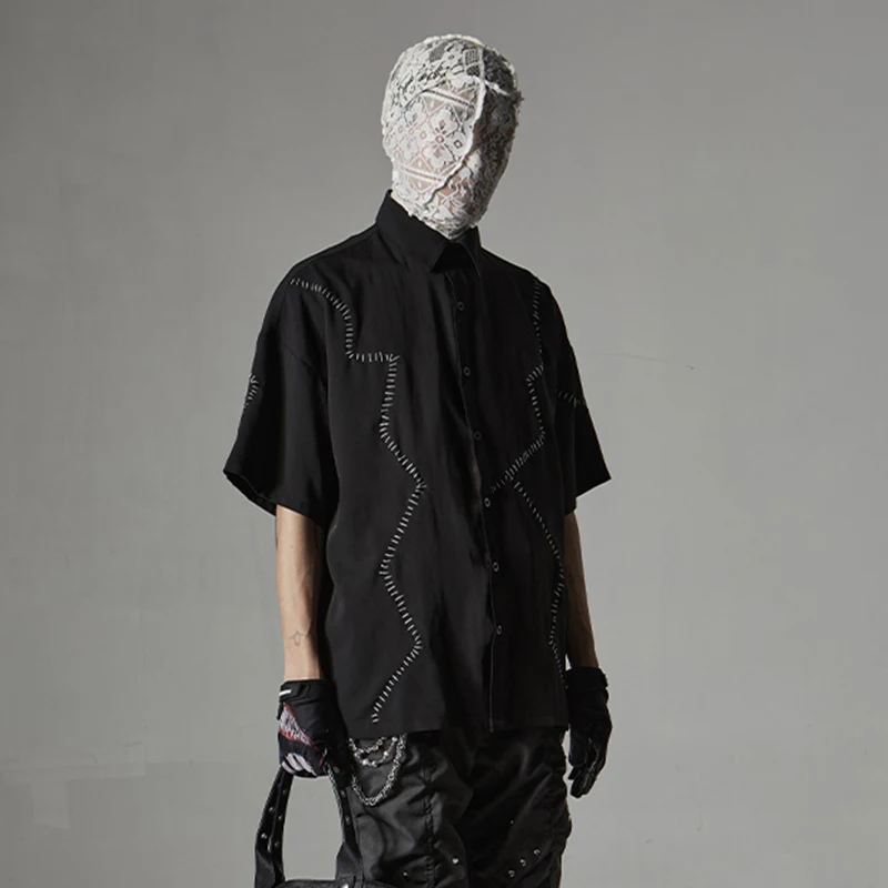 PFMarin- Chemises à manches courtes de style punk pour hommes, patchwork de suture à la main rabattue, simple boutonnage, nouvelle mode, 2024, 12C203