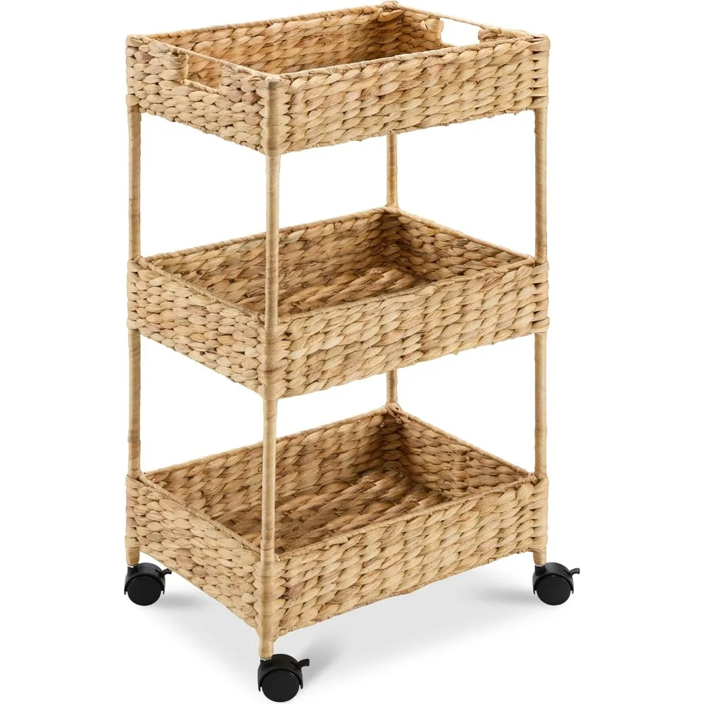 

3-Tier Water Hyacinth Rolling Nursery Caddy w/Wheels, Utility Cart, Storage Organization for Bathroom, Craft Room