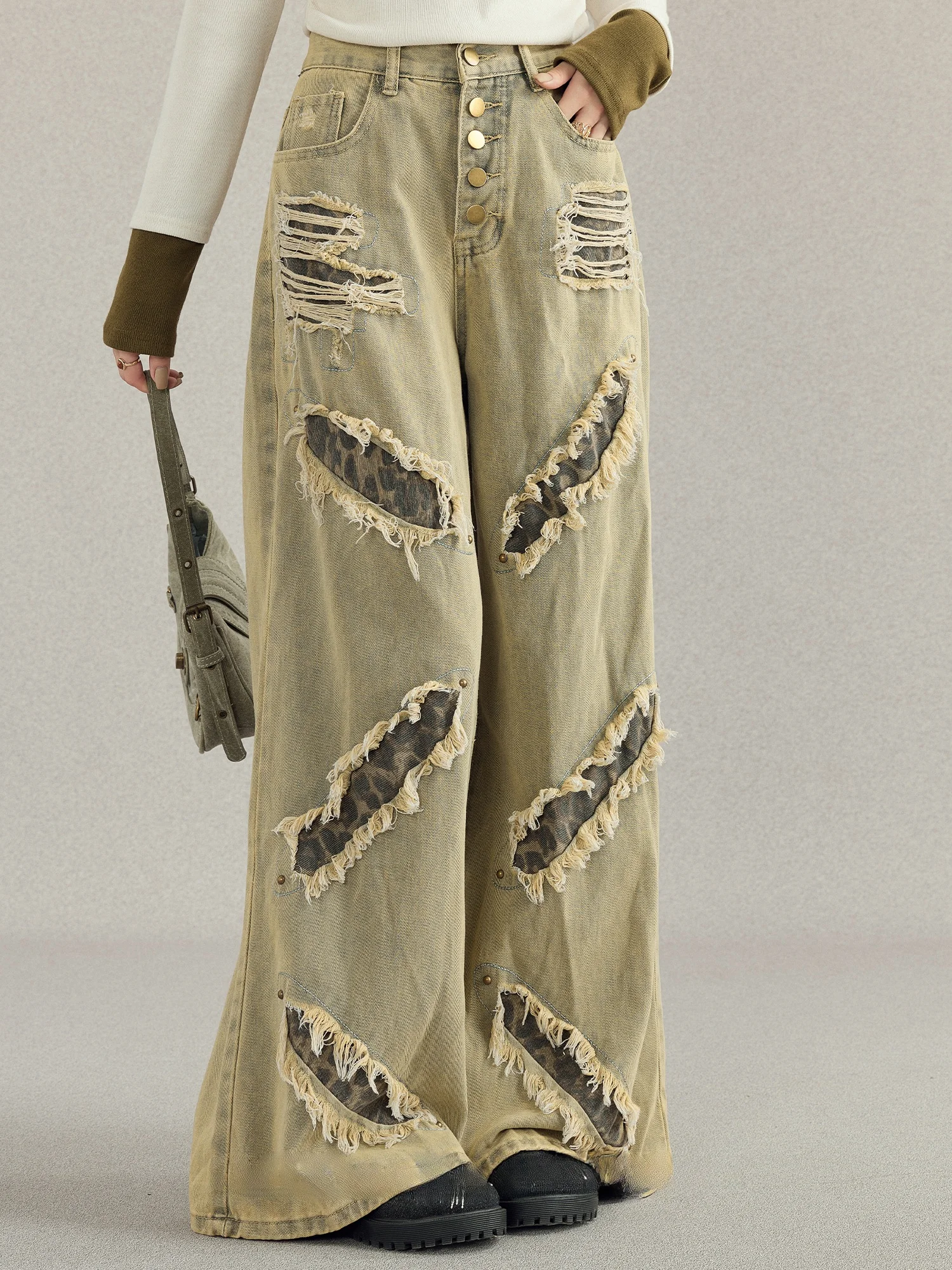 

High Waist Wide Leg Denim Jeans Women's Autumn Design Worn out Street Sle Torn Floor-Length Pants American High Street Retro