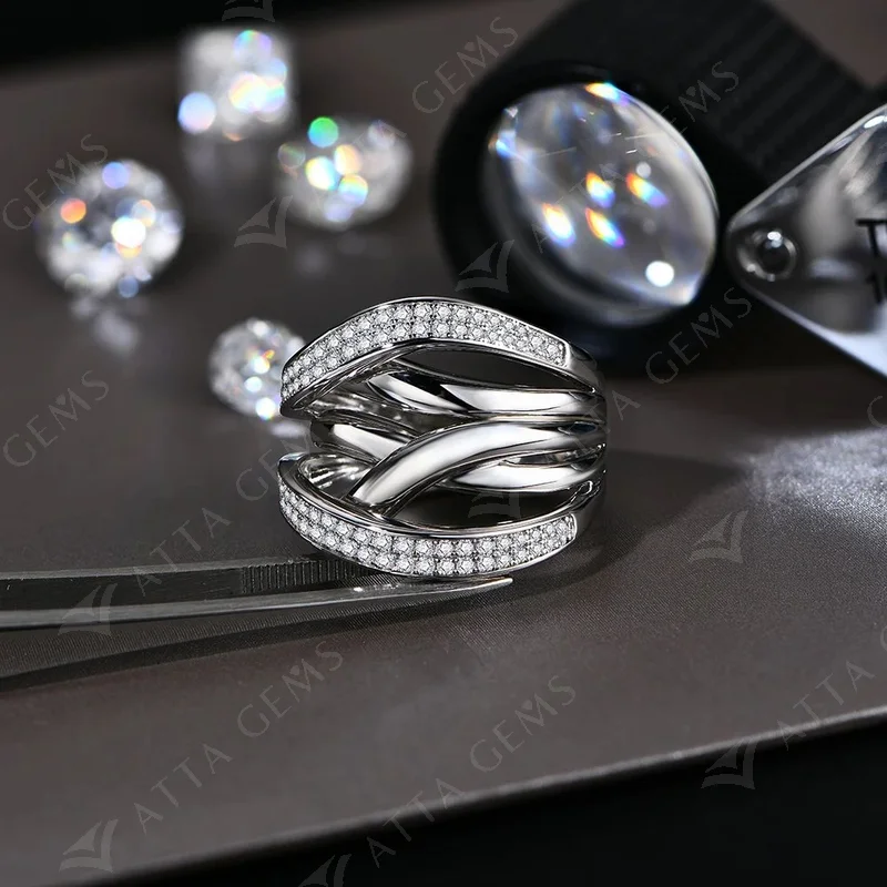 Attagems s925 tira moissanite anéis para mulher 18k banhado d cor vvs1 diamante crossover casamento banda festa jóias finas presente