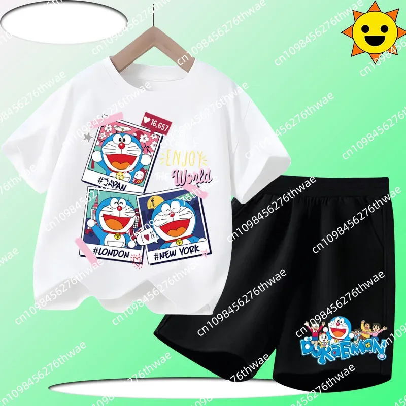 

Летняя футболка Doraemon, новый детский комплект с круглым вырезом и короткими рукавами для мальчиков и девочек, милый повседневный топ с мультяшным принтом