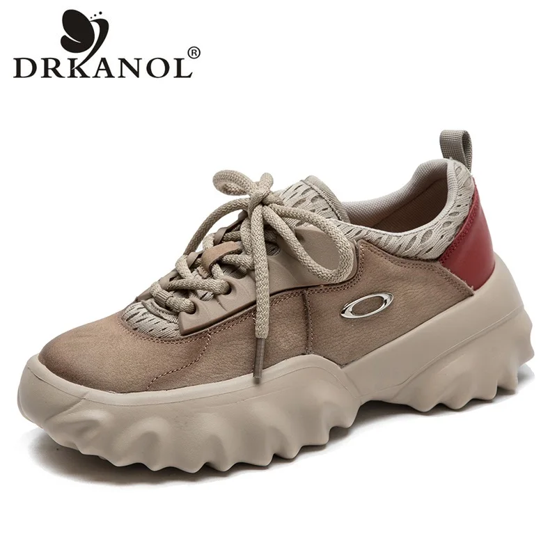 DRKANOL 2024 Women Genuine Leather Casual Sneakers Mixed Colors Lace-Up Wedges Heel Platform Comfort Retro Versatile Women Shoes