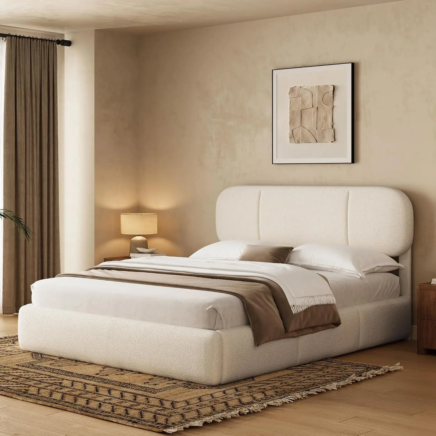 Bed Frame with Storage, Boucle Cloud Bed with 4 Locking Drawers & LED Lights, Modern Upholstered, Customized