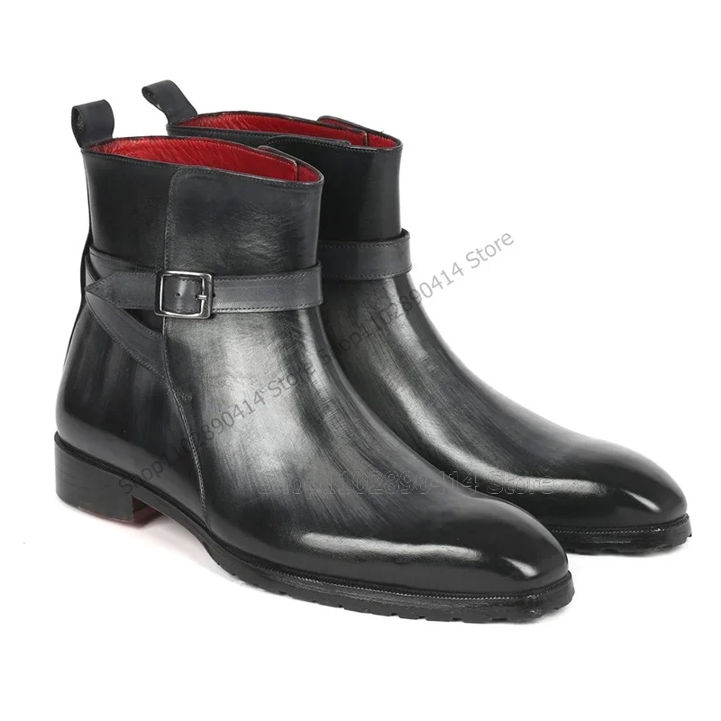 

Gray Black Buckle Decor Square Toe Ankle Boots Fashion Slip On Men Shoes Luxurious Handmade Party Banquet Office Men Dress Shoes