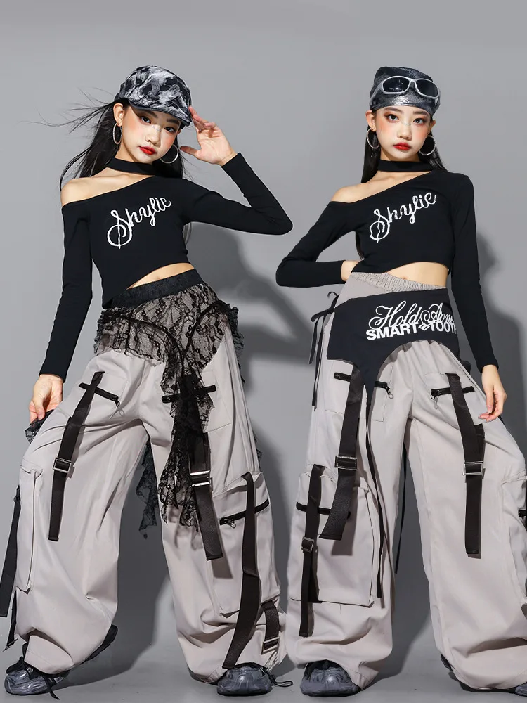 Kids Hip Hop Off Shoulder Crop Top Fashion Cargo Pants Girls K-pop Jazz Dance Clothes Set Children Girl Group Streetwear Costume
