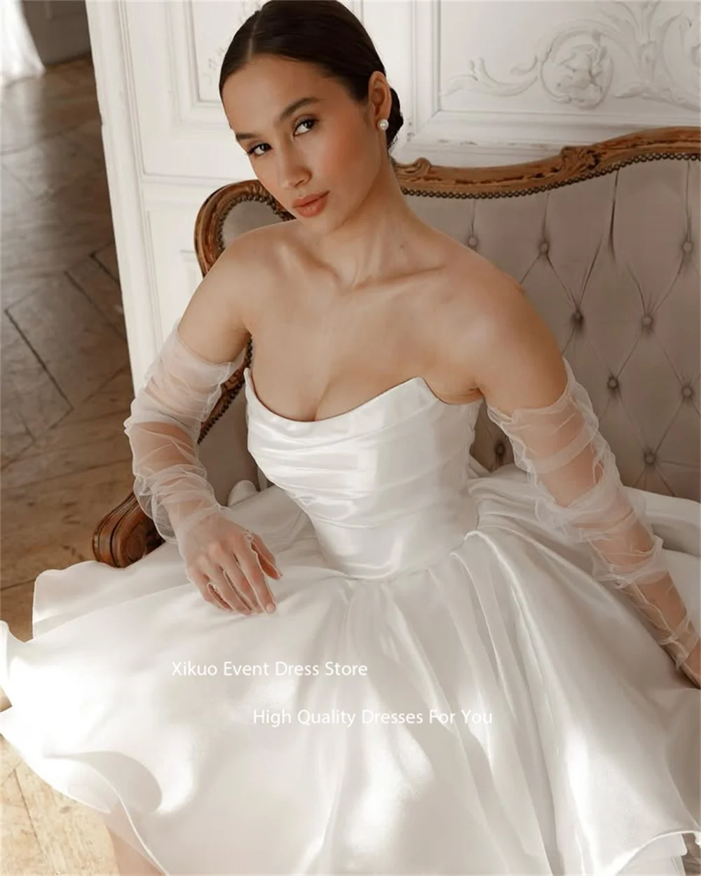 Xikuo Satin A-Linie Prinzessin Hochzeitskleid Plissee ärmellos zivile moderne Brautkleider gerafft schick Vestido De Novia angepasst