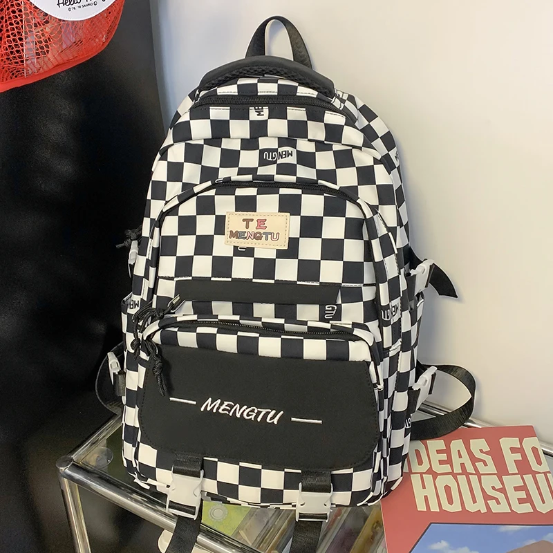 Students Black and White Plaid School Backpack Multi Pocket Nylon Cloth Eco-friendly Unisex Rucksack Sweethearts Travel Knapsack