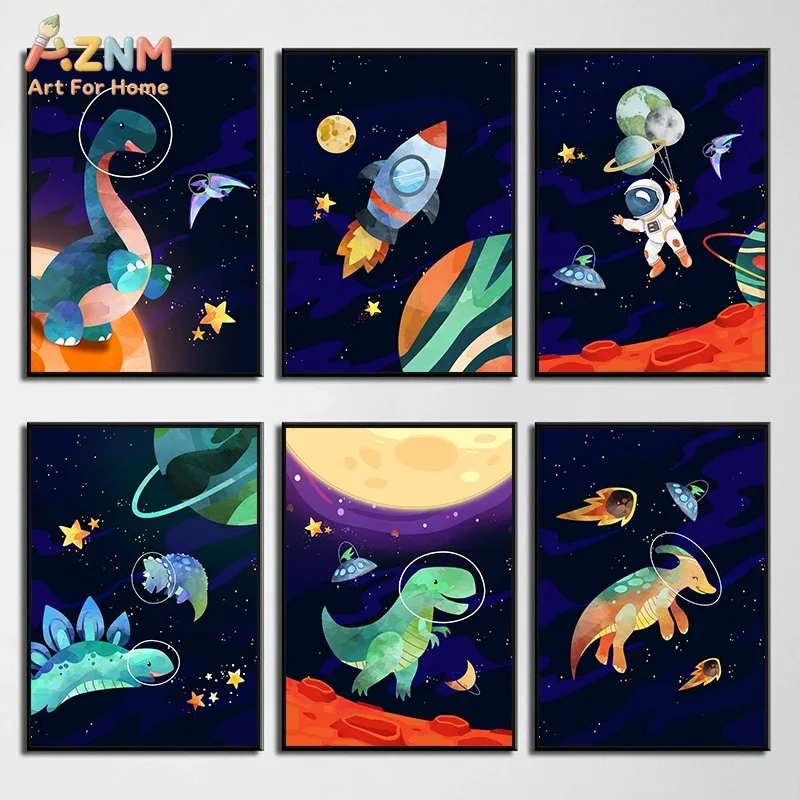 AZNM Cartoon Space Dinosaur Astronaut Rocket Planet Canvas Print Dark Background Unframed Canvas Wall Art Boys Kids Bedroom Nurs