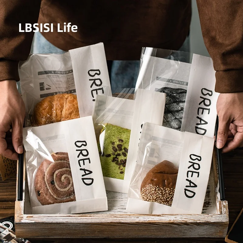 LBSISI Life,White Paper Bread Bag,Avoid Oil Packing Toast With Window Bags,Baking Takeaway Food Package,50pcs