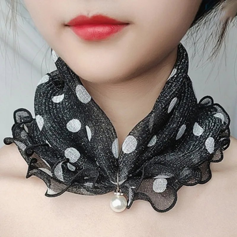 Fake Pearl Pendant Ruffle Lace Scarf Organza Neck Collar Chiffon Scarves Print Shiny Scarf Multi-functional Elastic Neck Wrap