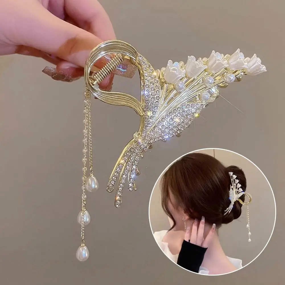 Advanced Pearl Flower Tassel Hair Claw For Women Cute Sweet Hair Clip Girls Fashion Elegance Headdress Exquisite Hair Acces T7D7