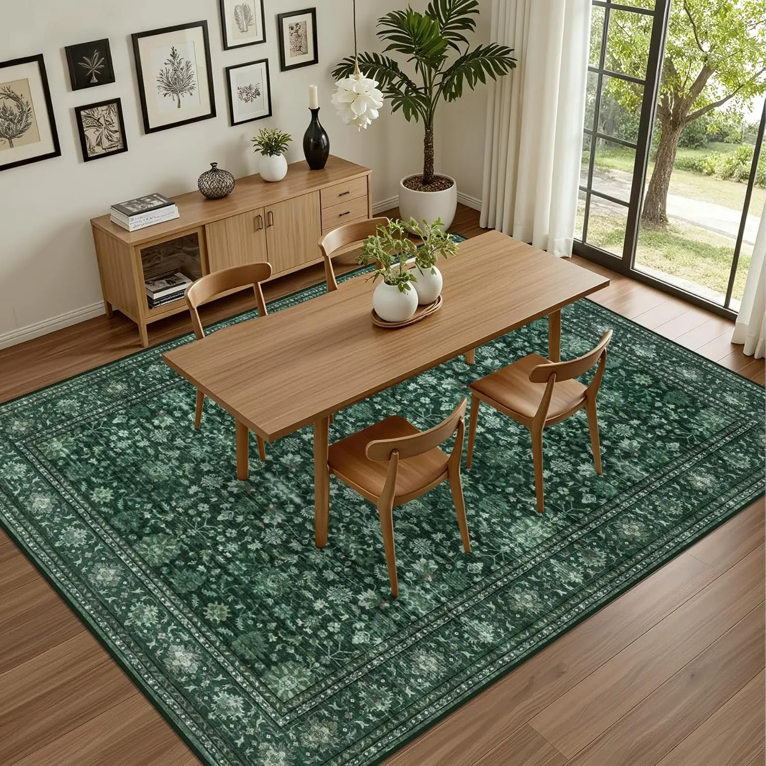 Deep Green Bohemian Vintage Area Rug Distressed Floral Print Anti-Slip Washable Large Carpet for Living Room Bedroom Luxury