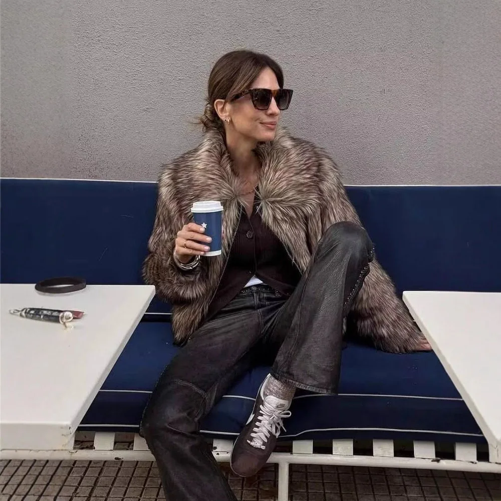 المرأة فو الفراء سترة معطف الخريف الشتاء فروي كبير التلبيب معاطف سترة فضفاضة سستة قصيرة جاكيتات ملابس خارجية للإناث #2