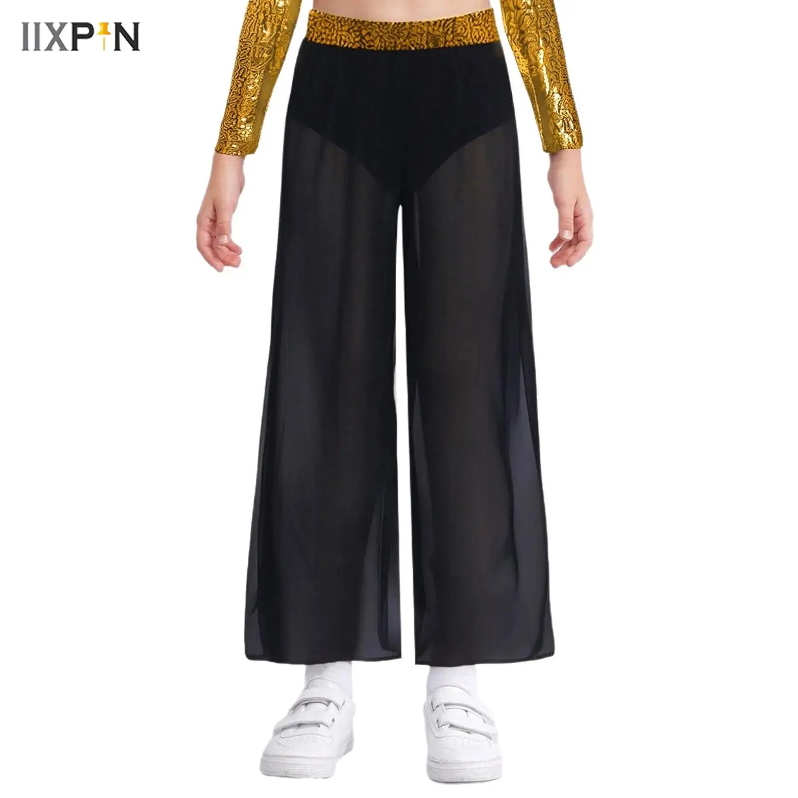 

Kids Girls Jazz Latin Dance Pants Shiny Sequin Waistband Flowing Chiffon Overlay Wide-Leg Side Slit Pants for Stage Performance