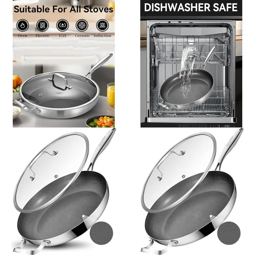 

12-дюймовая антипригарная сковорода из нержавеющей стали с крышкой и термостойкой ручкой, подходит для индукционных плит, безопасна для посудомоечных машин и духовок.