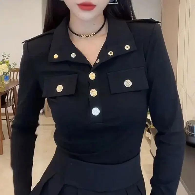 

Spring Autumn Long Sleeve Women's Clothing Turn-down Collar Button T-shirt Commute Fashion Epaulet Pullovers Casual Solid Color