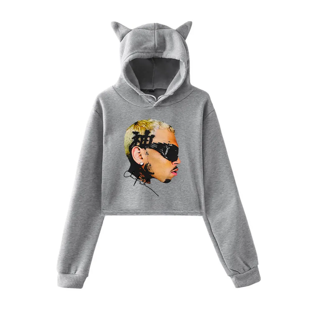 Chris Brown Hoodie Vintage 90s Streetwear Merch Hoodies Sweatshirts for Girls Cat Ear Crop Fashion Sports Pullover