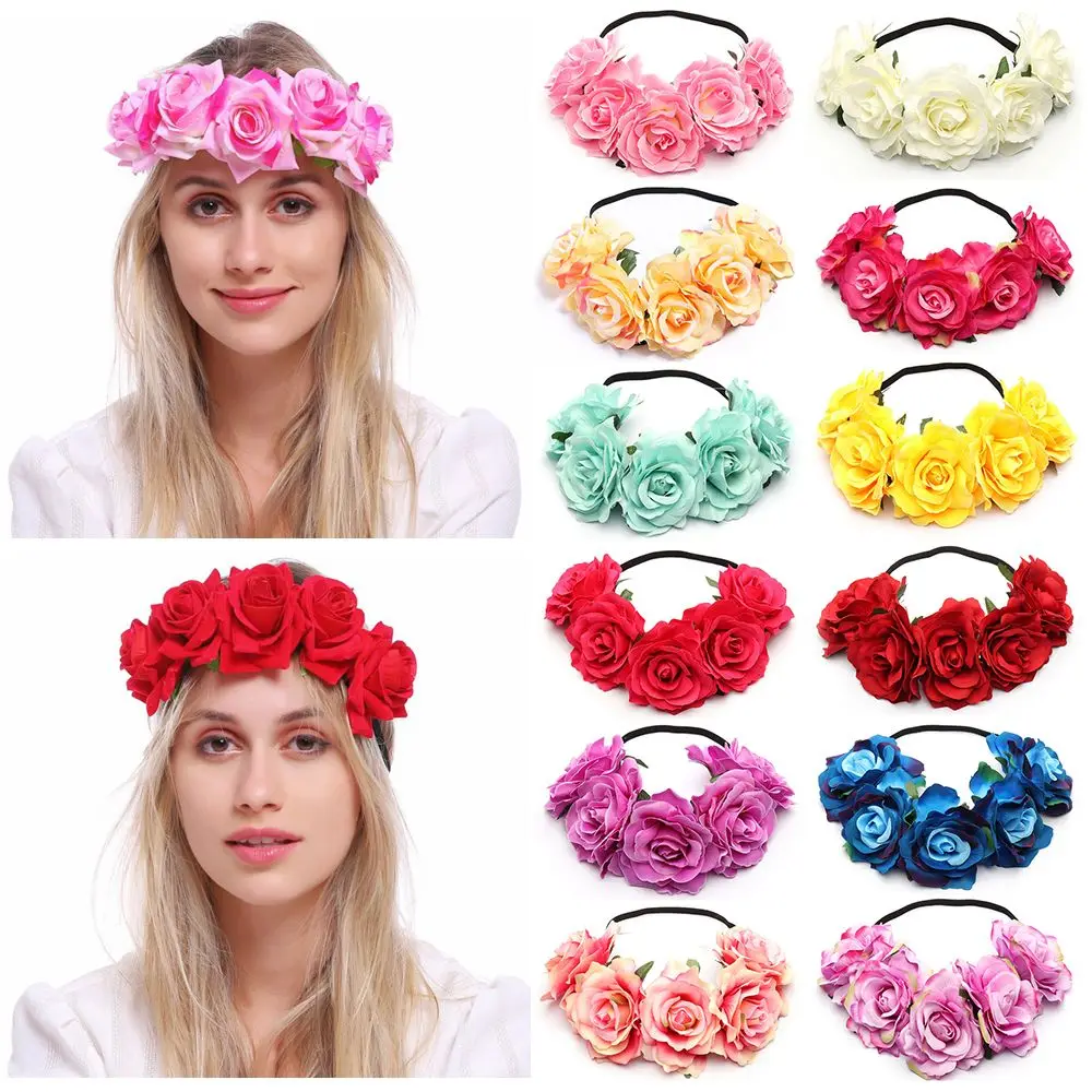 Fashion Women Hair Accessories Ladies Elastic Wreath Headband Bridal Headwear Wedding Hairband Rose Flower Garland