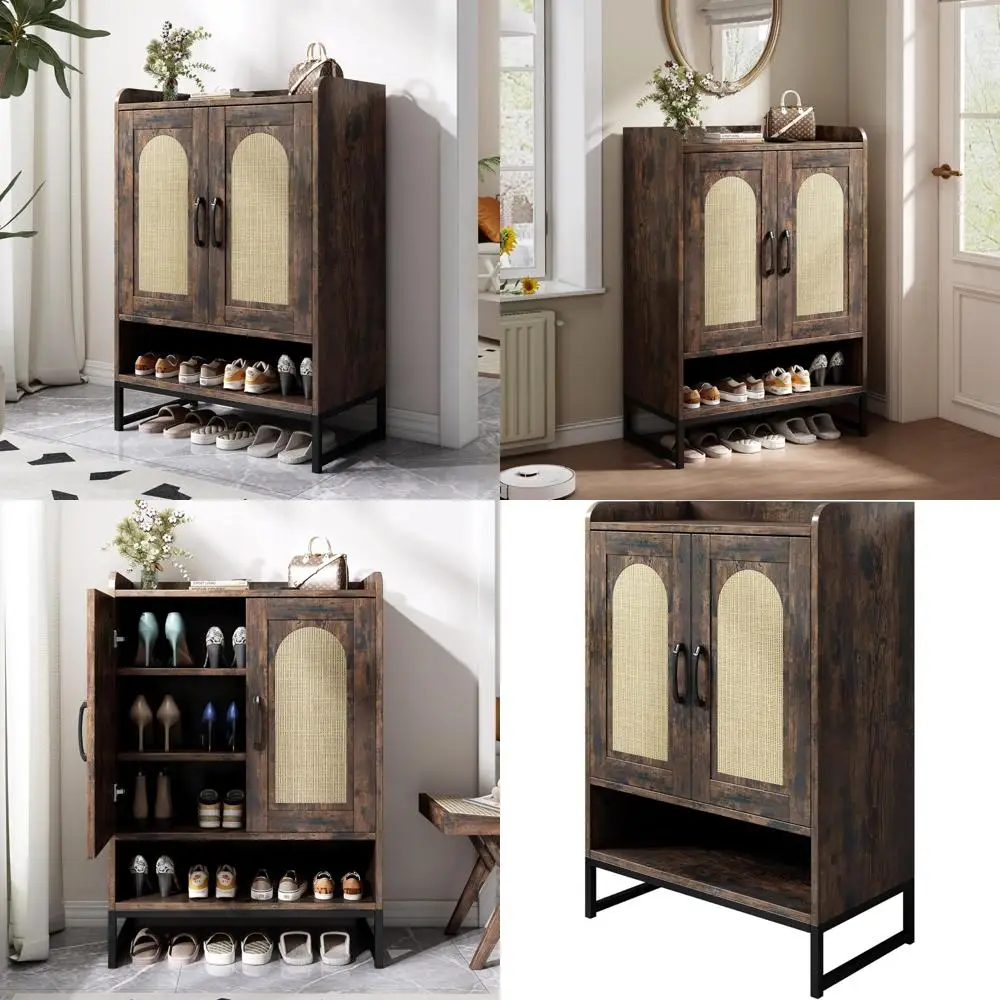 

Wooden Entryway Shoe Cabinet with Rattan Doors and Adjustable Shelves for Tall Storage
