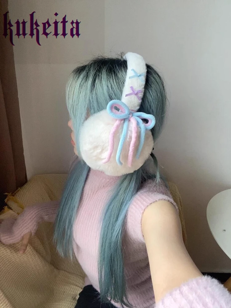 Kukeita Harajuku White Black Gray Pink Sweet Cute Foldable Bow Ear Cover Y2k Japanese Kawaii Women Winter Plush Warm Earmuffs