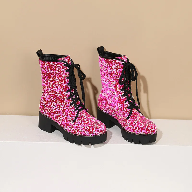 

Autumn/Winter Party ankle boots, women's sequined ankle boots, front lace-up, chunky heels, pluse-sized fashion ankle boots
