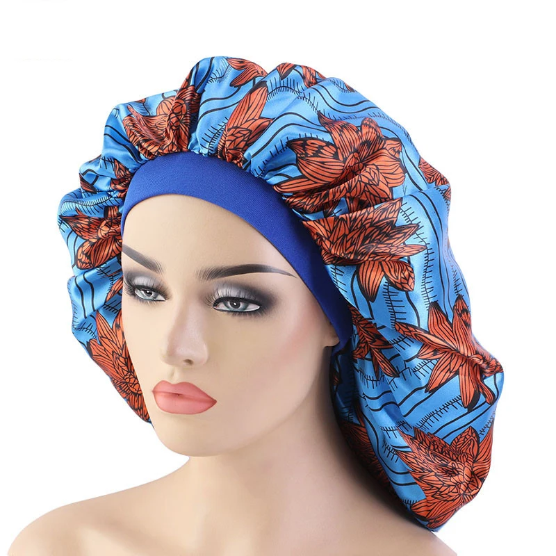 New Women\\\'s Extra Large Hair Cap For Sleeping African Printed Satin Cap Elastic Night Turban Artificial Silk Chemo Bonnet