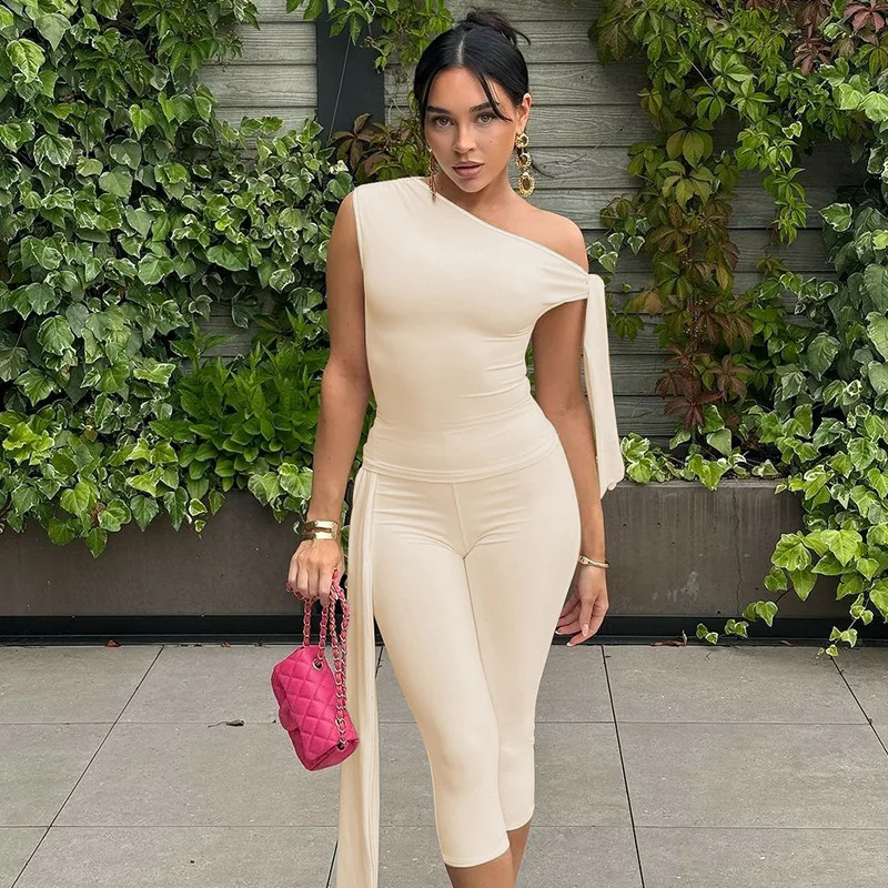 Women's Summer New Fashion Street Style Tracksuits Asymmetrical Neck Sleeveless Tank Top And Slim Fit Tie Shorts Two Piece Set
