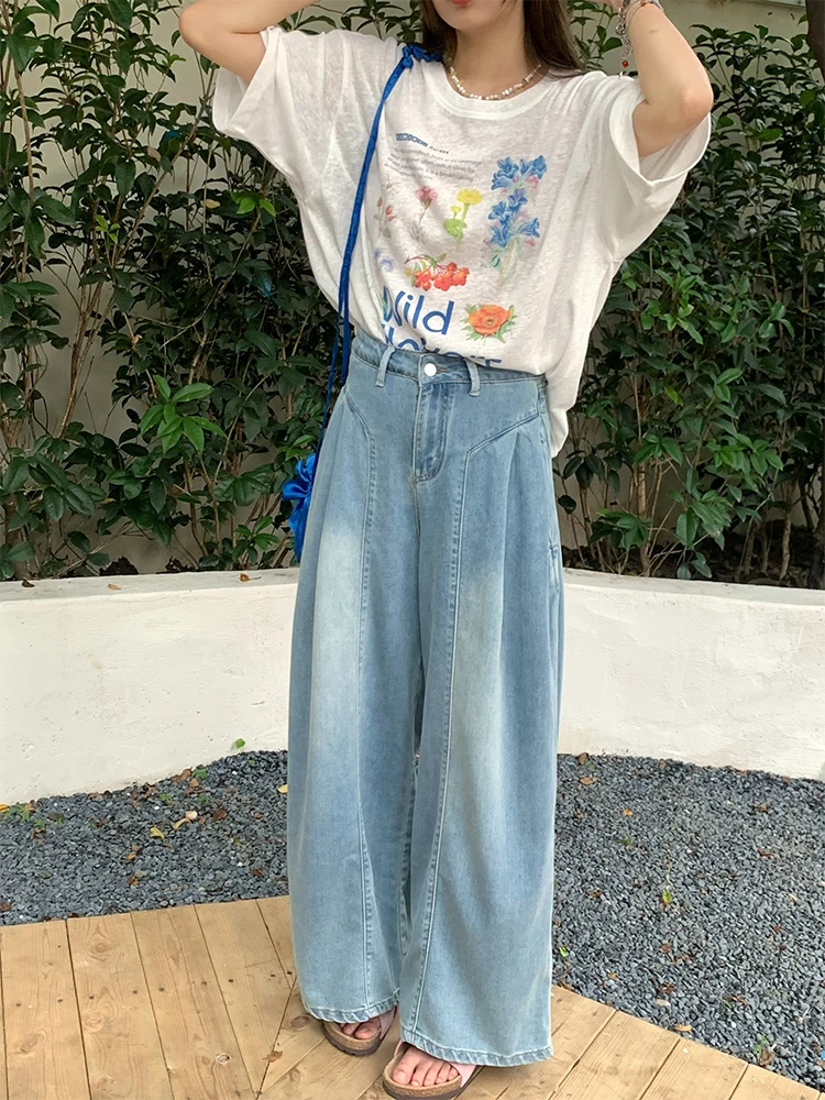 

64-72cm Bust Spring Summer Jeans Women Korean Fashion Blue Retro Patchwork High Waisted Denim Pants Casual Loose Wide Leg Pants