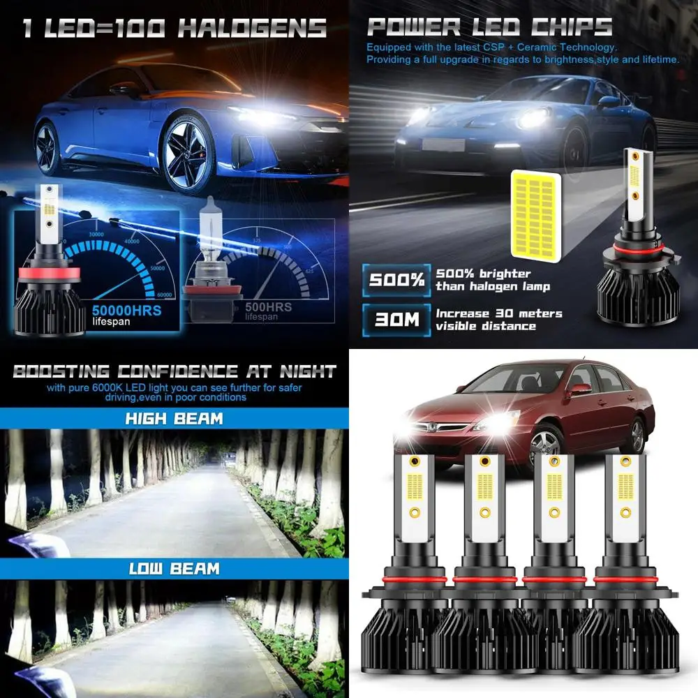 

Fit for Honda Accord 1990-2002 2003 2004 2005 2006 2007 LED Front Bulbs Fog LED Light Combo,9005 led high Beam+9006 Low Beam,500