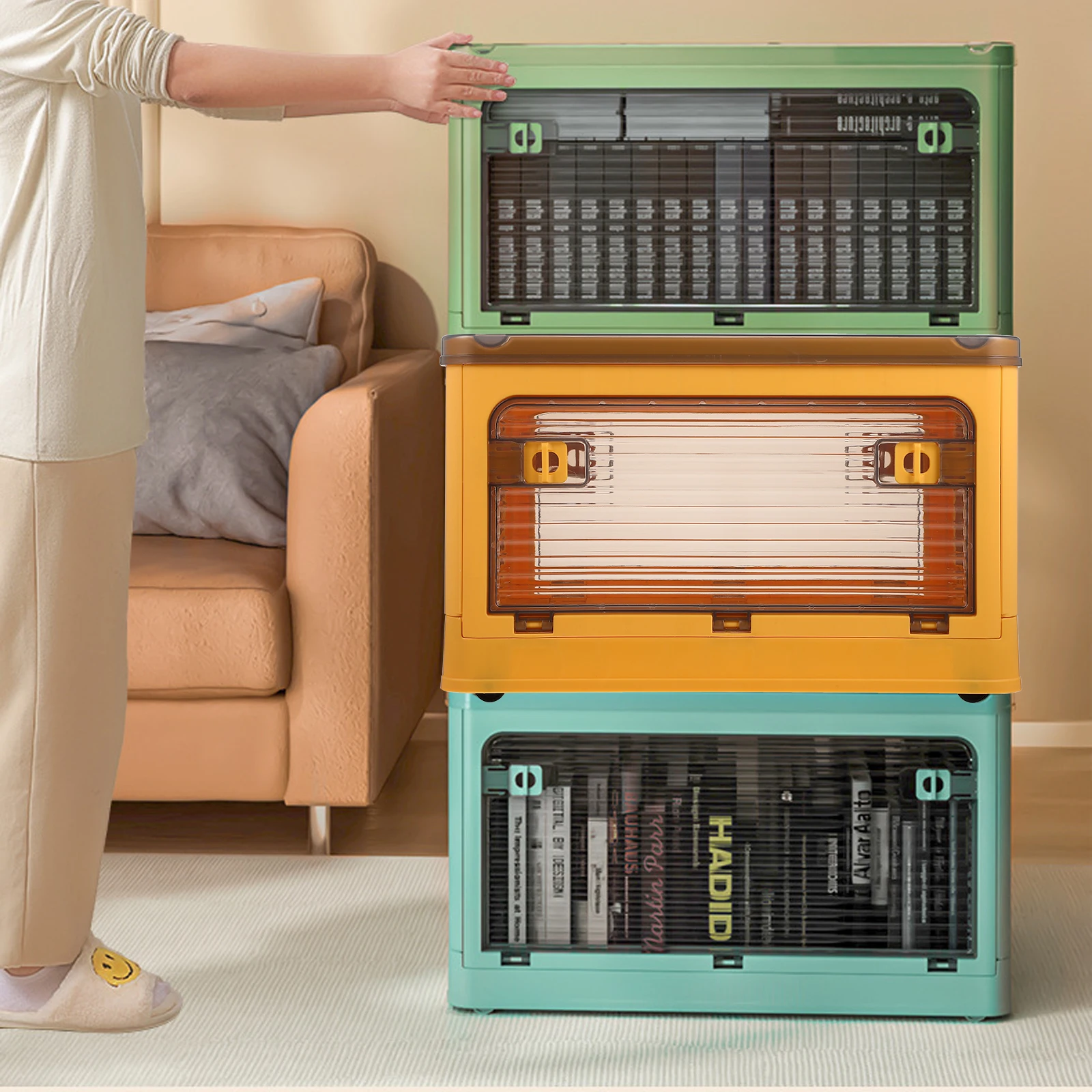 

Portable Folding Storage Box Plastic Foldable Organizer with Wheels Transparent Container for Home Office Bedroom//