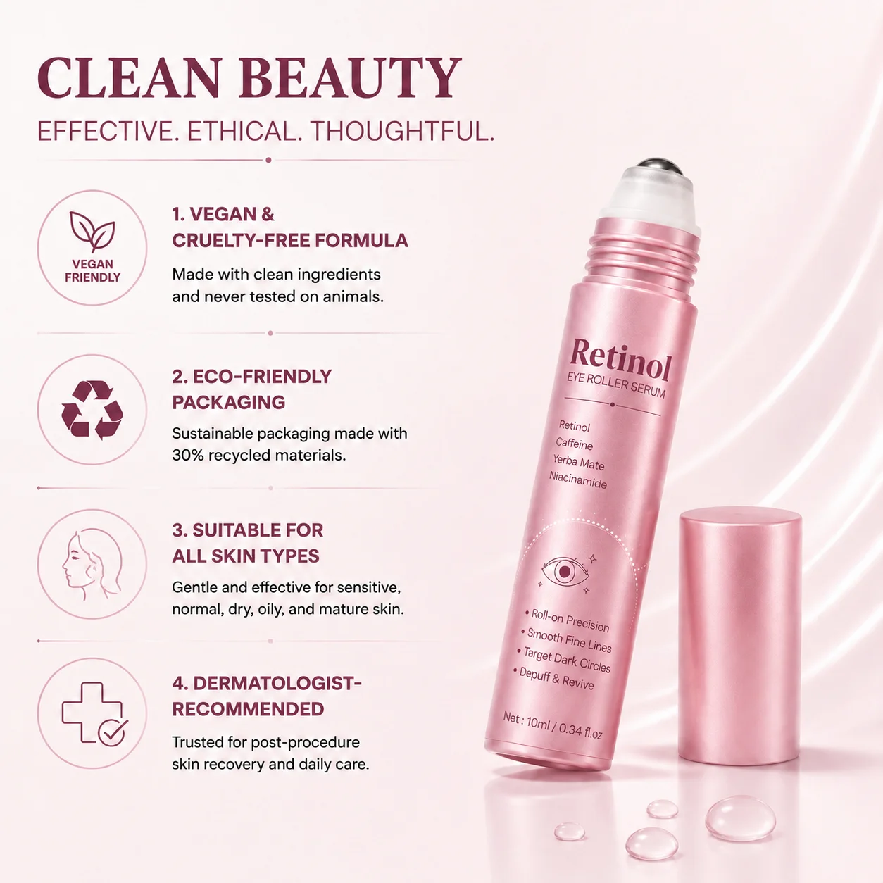 10ml Retinol EyeRoller Serum Anti Aging Roll-on Eye Serum for Fine Lines Wrinkles Dark Circles Puffiness Firming