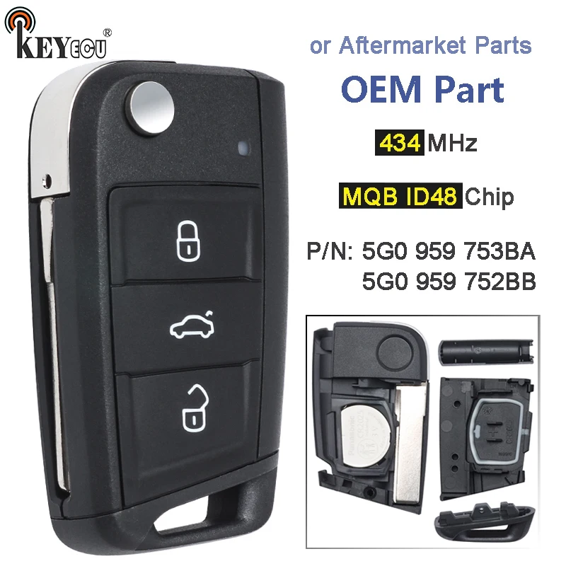 

KEYECU 434 МГц MQB ID48 чип 5G0 959 753BA 5G0 959 753BB полуключи OEM дистанционный брелок для Volkswagen VW Golf 7 Skoda Octavia A7