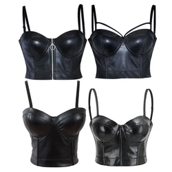 Sexy Black PU Leather Zipper Bra Push Up Bralet Female Gothic Tube Top Corset Bustier Bra Club Party Crop Top Lingerie Plus Size