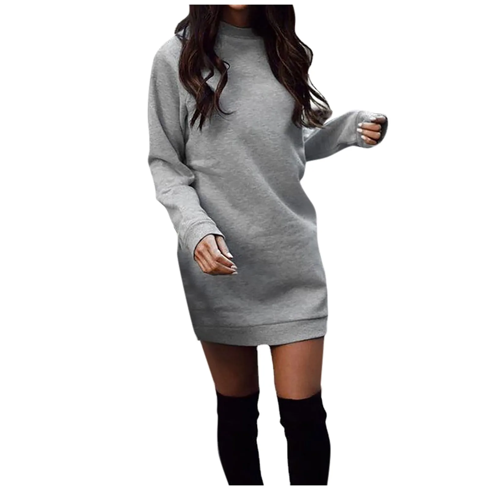 Autumn and Winter Women\'s Autumn And Winter Round Neck Long Sleeve Solid Color Sweater Dress