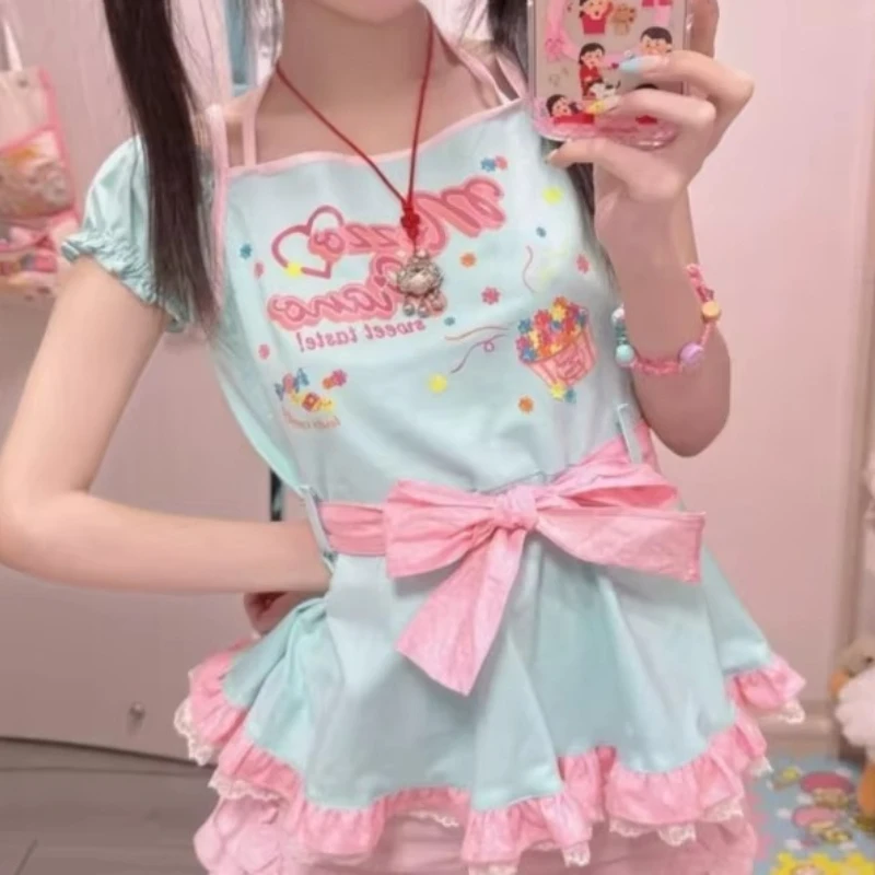 Japanese Kawaii Cartoon Print Lolita T-Shirts Women Summer Sweet Bow Halter Neck Bandage Short Sleeve Cotton Tops Y2k Cute Tees