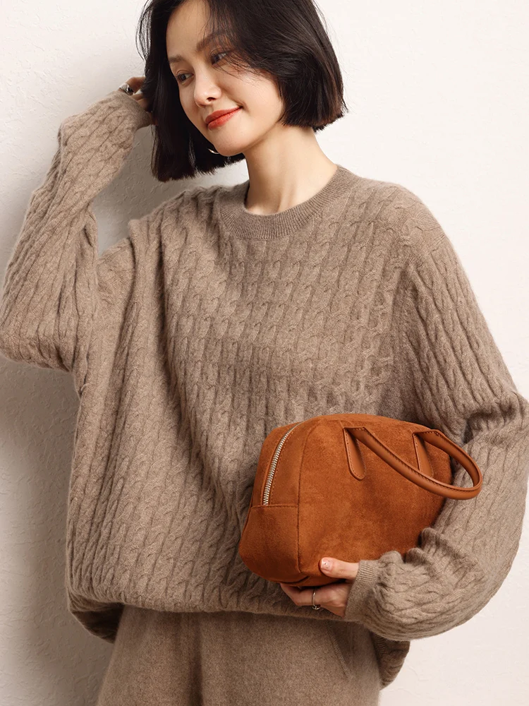 Mulheres chiques 100% camisola de caxemira o-pescoço pulôver cabo malha frente curta longa volta estilo vintage solto malhas outono inverno topo