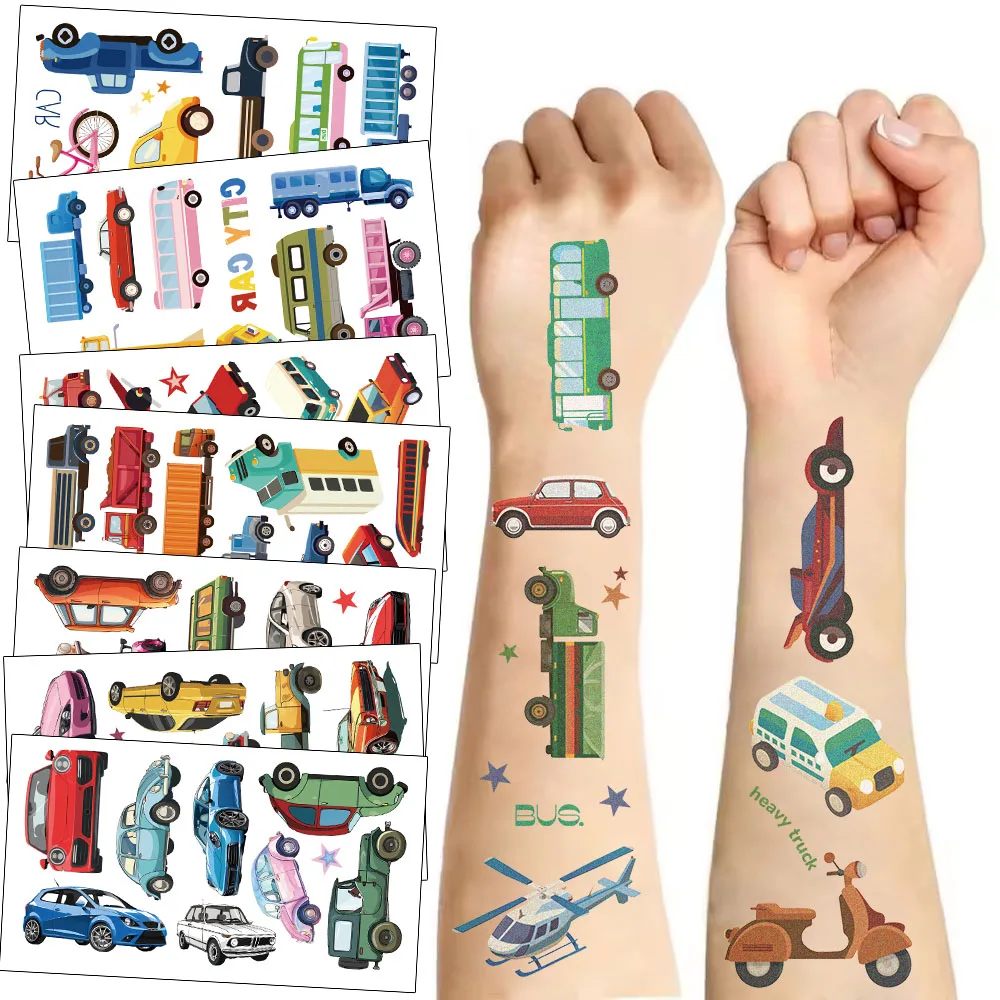 10 Sheets/Set Cartoon City Car Series Tattoo Stickers Electric Airplane Daily Party Body Decoration Disposable Tattoo Stickers