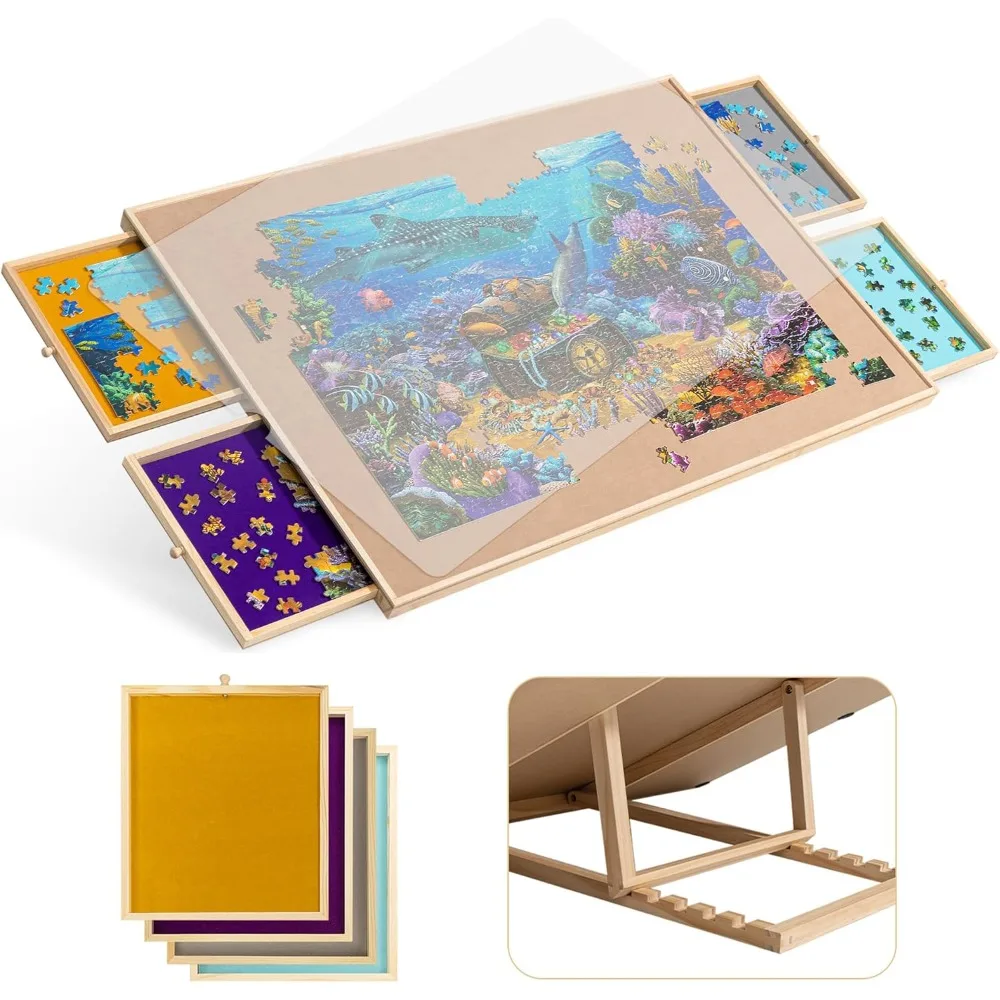 

HOME 1500-Pc Tilting Puzzle Board with 4 Colorful Drawers & Cover, Adjustable Jigsaw Puzzle Table with Built-in Easel/Stand