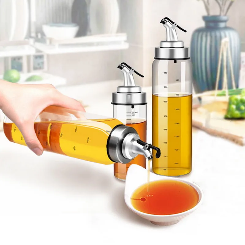 200/300/500ML Transparent Glass Olive Oil Bottle Leakproof Kitchen Seasoning Soy Sauce Vinegar Press Type Cruet Barbecue