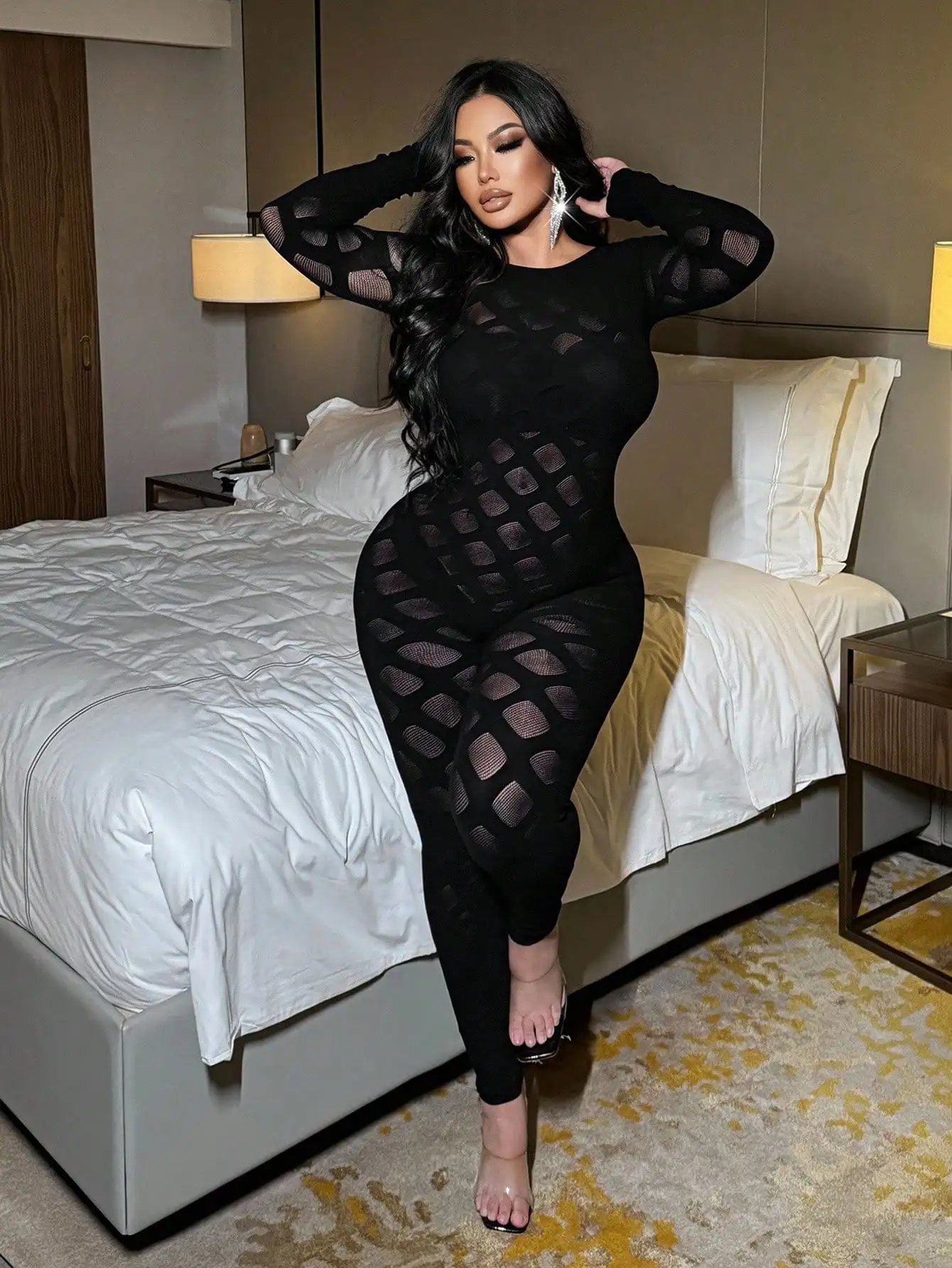 FHSEET Women's Plus Size Sexy Jumpsuit Lace Sheer Mesh High Waist Bodycon Web Pattern Stretchy Street Club Party Wear