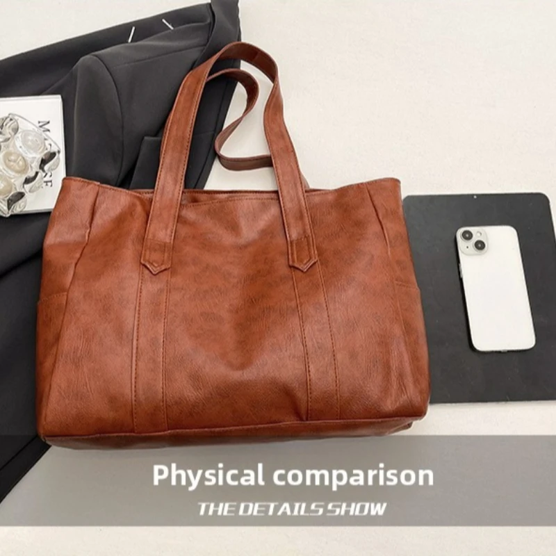 Vintage-Leder-Umhängetasche, geräumige Casual-Tragetasche mit zwei Griffen, Alltagstasche für Frauen, vielseitige Handtasche – Detail 13