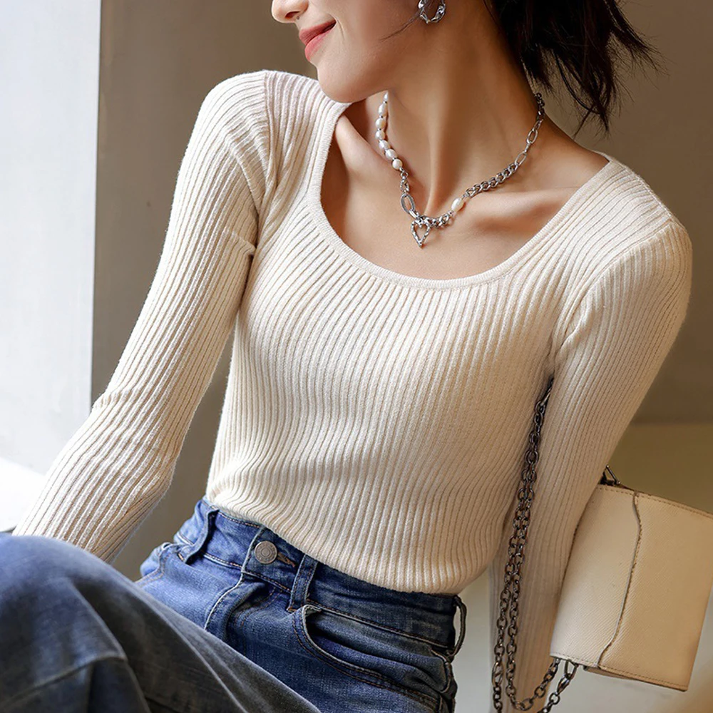 O Neck Solid Pullover T Shirts Women Black White Green Orange Sweaters S-XL Fashion Female Blouses Full Sleeve Slim Tops Clothes