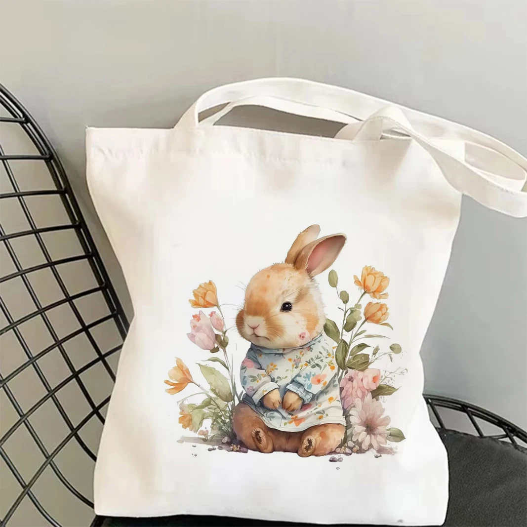 

1pc Bunny Floral Print Canvas Tote Bag - Stylish and Durable Eco-Friendly Shoulder Bag for Women, Perfect for Spring Shopping